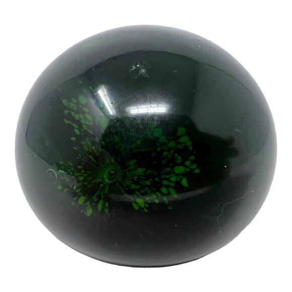 Emerald Green Art Glass Paperweight Glowing Abstract Design Handblown Orb Sphere - Picture 3 of 6